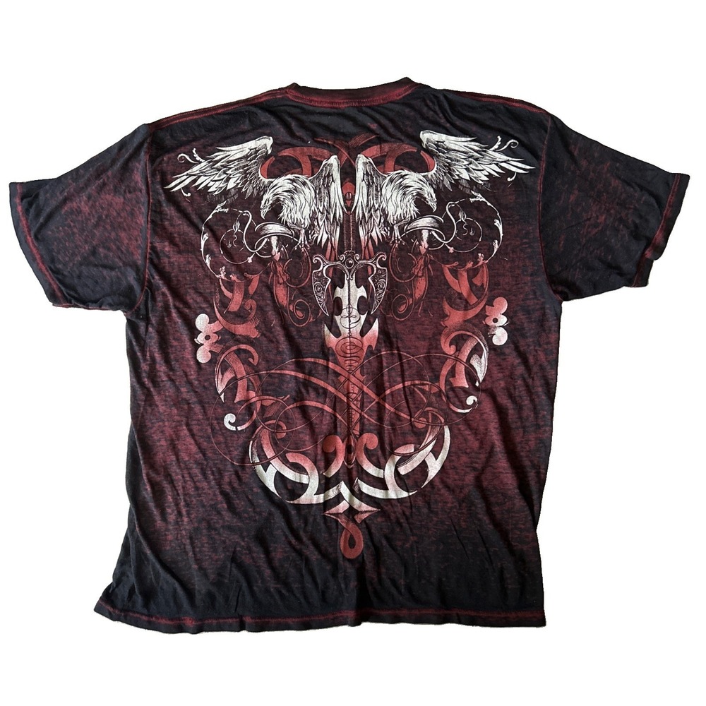 HELIX Y2K Graphic Burnout T Shirt Sword & Wings Design Streetwear Mens XL